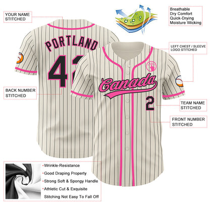 Custom Cream Black Pinstripe Pink Authentic Baseball Jersey - Sky-Custom