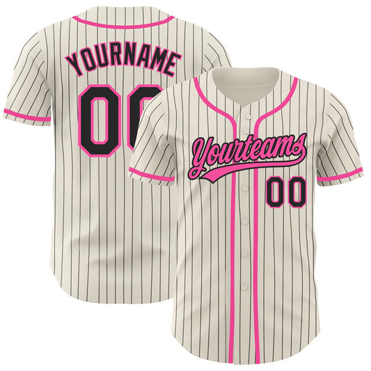 Custom Cream Black Pinstripe Pink Authentic Baseball Jersey - Sky-Custom