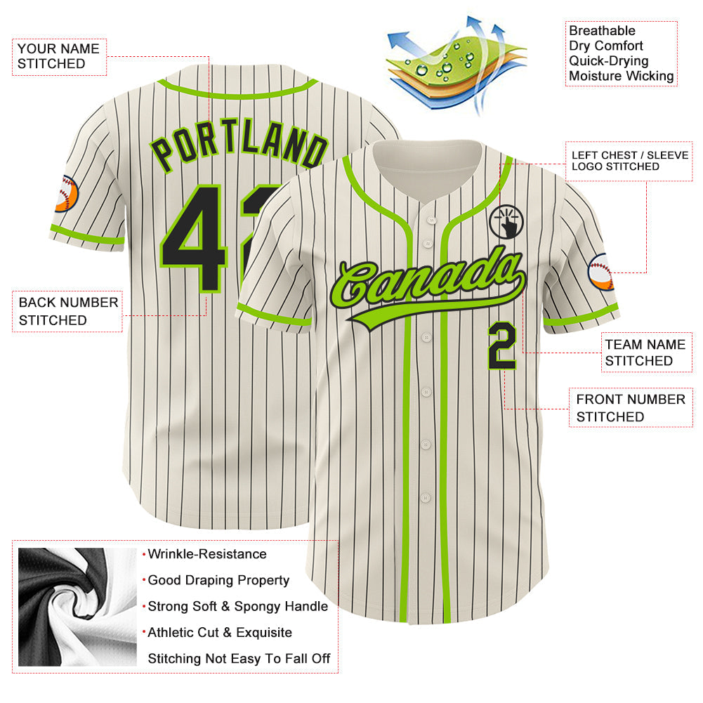 Custom Cream Black Pinstripe Neon Green Authentic Baseball Jersey - Sky-Custom