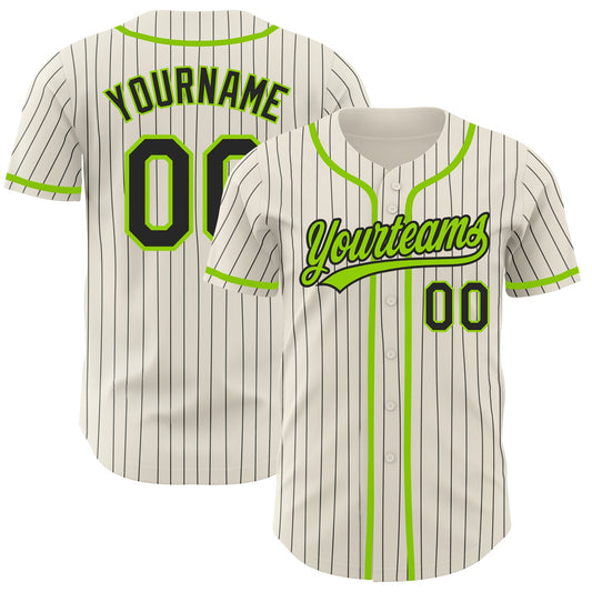 Custom Cream Black Pinstripe Neon Green Authentic Baseball Jersey - Sky-Custom