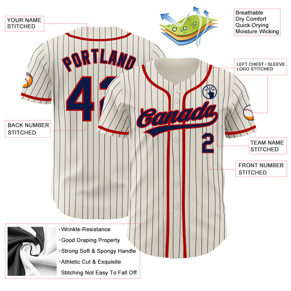 Custom Cream Navy Pinstripe Red Authentic Baseball Jersey - Sky-Custom