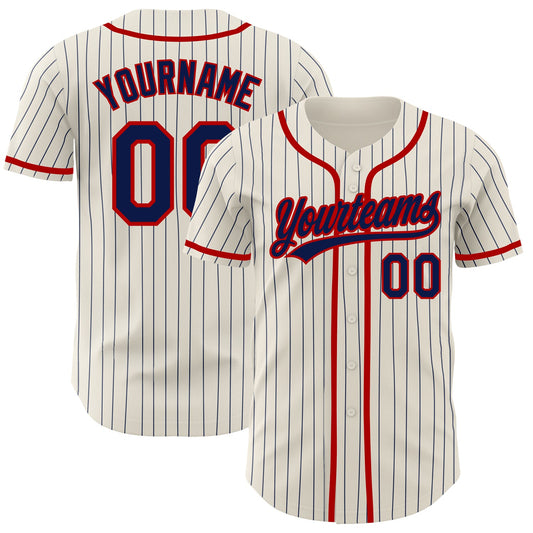 Custom Cream Navy Pinstripe Red Authentic Baseball Jersey - Sky-Custom