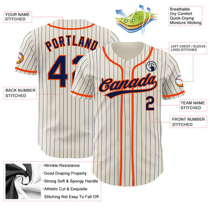 Custom Cream Navy Pinstripe Orange Authentic Baseball Jersey - Sky-Custom