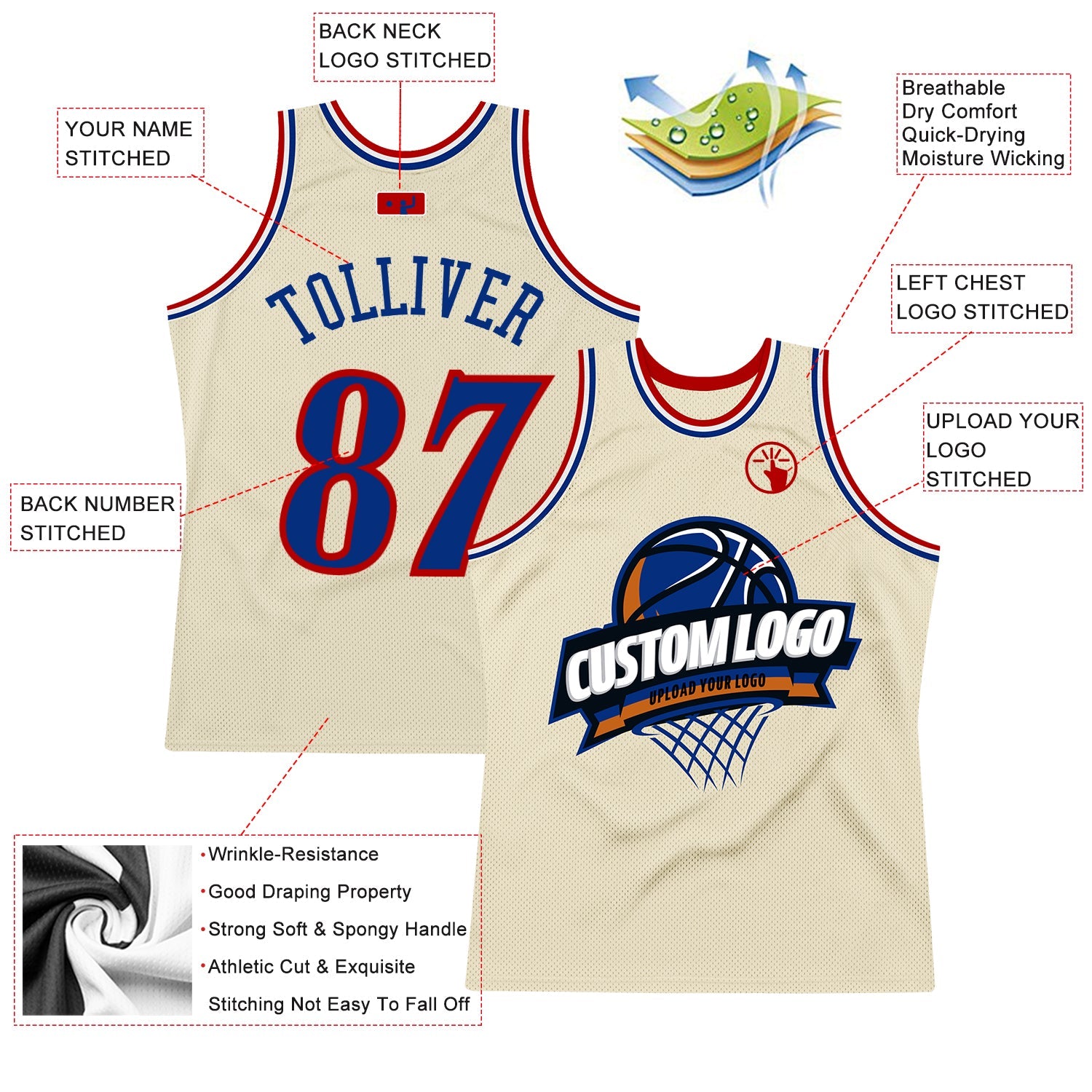 Custom Cream Royal Red-White Authentic Throwback Basketball Jersey - Sky-Custom