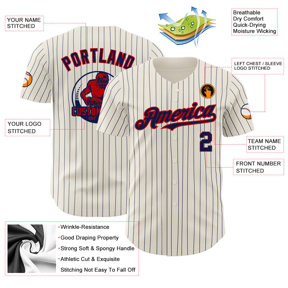 Custom Cream Navy Pinstripe Red Authentic Baseball Jersey - Sky-Custom