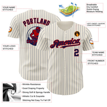 Custom Cream Navy Pinstripe Red Authentic Baseball Jersey - Sky-Custom