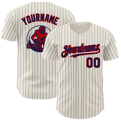 Custom Cream Navy Pinstripe Red Authentic Baseball Jersey - Sky-Custom