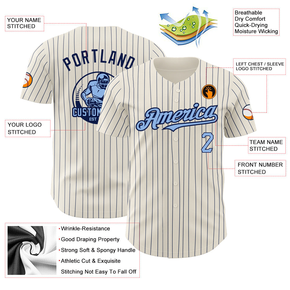 Custom Cream Navy Pinstripe Light Blue Authentic Baseball Jersey - Sky-Custom
