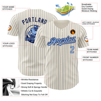 Custom Cream Navy Pinstripe Light Blue Authentic Baseball Jersey - Sky-Custom