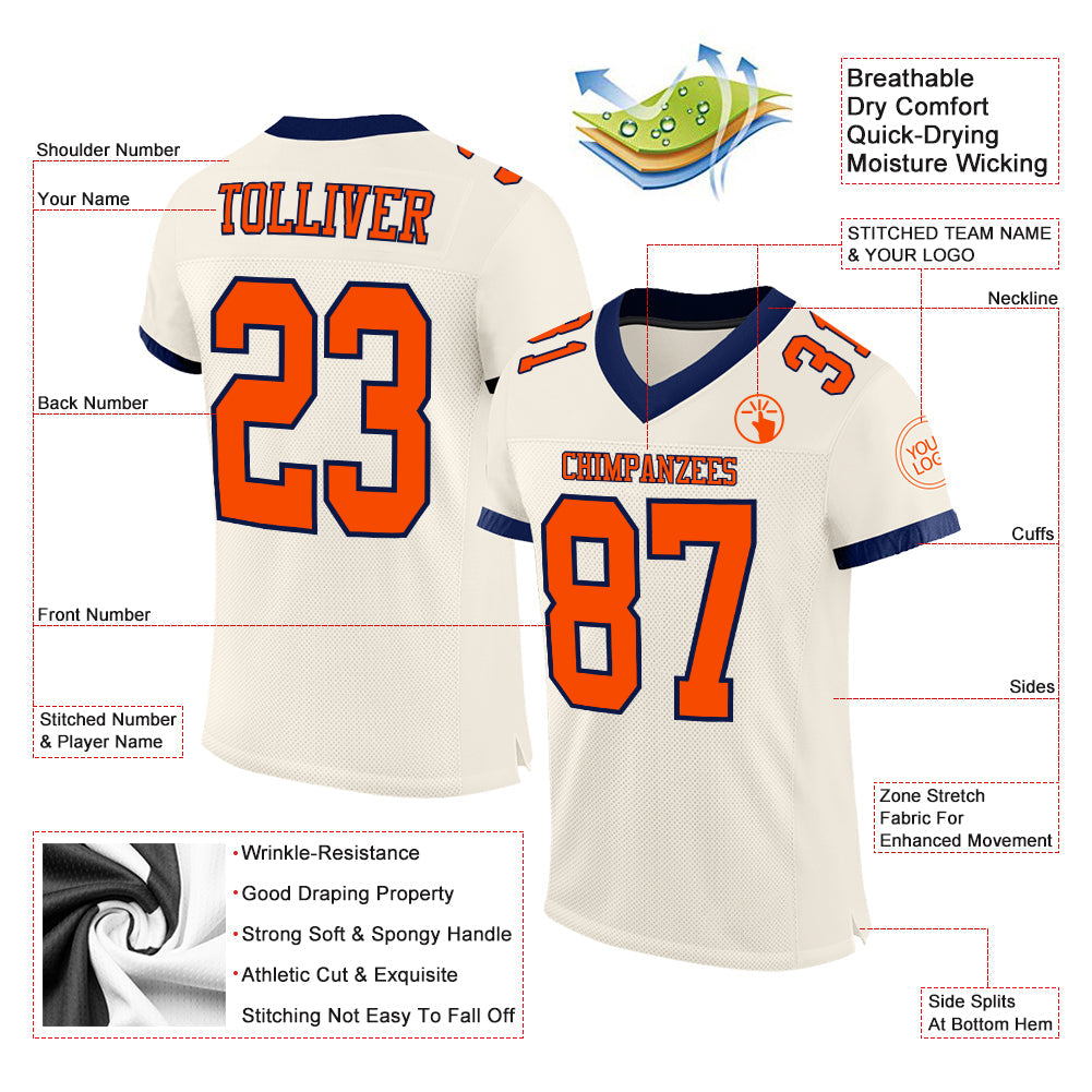 Custom Cream Orange-Navy Mesh Authentic Football Jersey - Sky-Custom