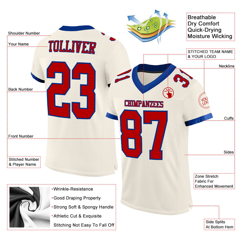 Custom Cream Red-Royal Mesh Authentic Football Jersey - Sky-Custom