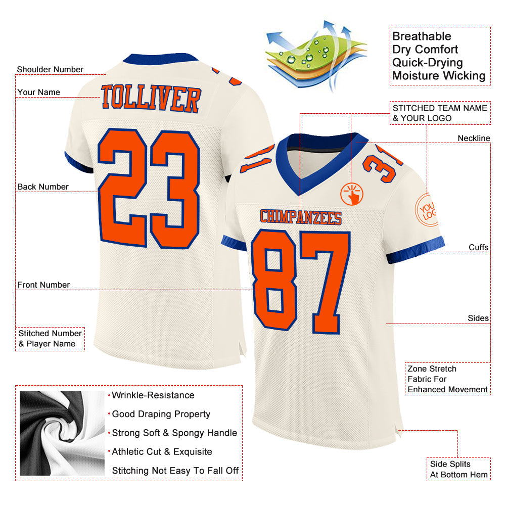 Custom Cream Orange-Royal Mesh Authentic Football Jersey - Sky-Custom
