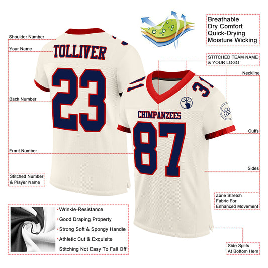 Custom Cream Navy-Red Mesh Authentic Football Jersey - Sky-Custom