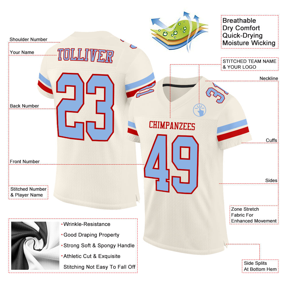 Custom Cream Light Blue-Red Mesh Authentic Football Jersey - Sky-Custom