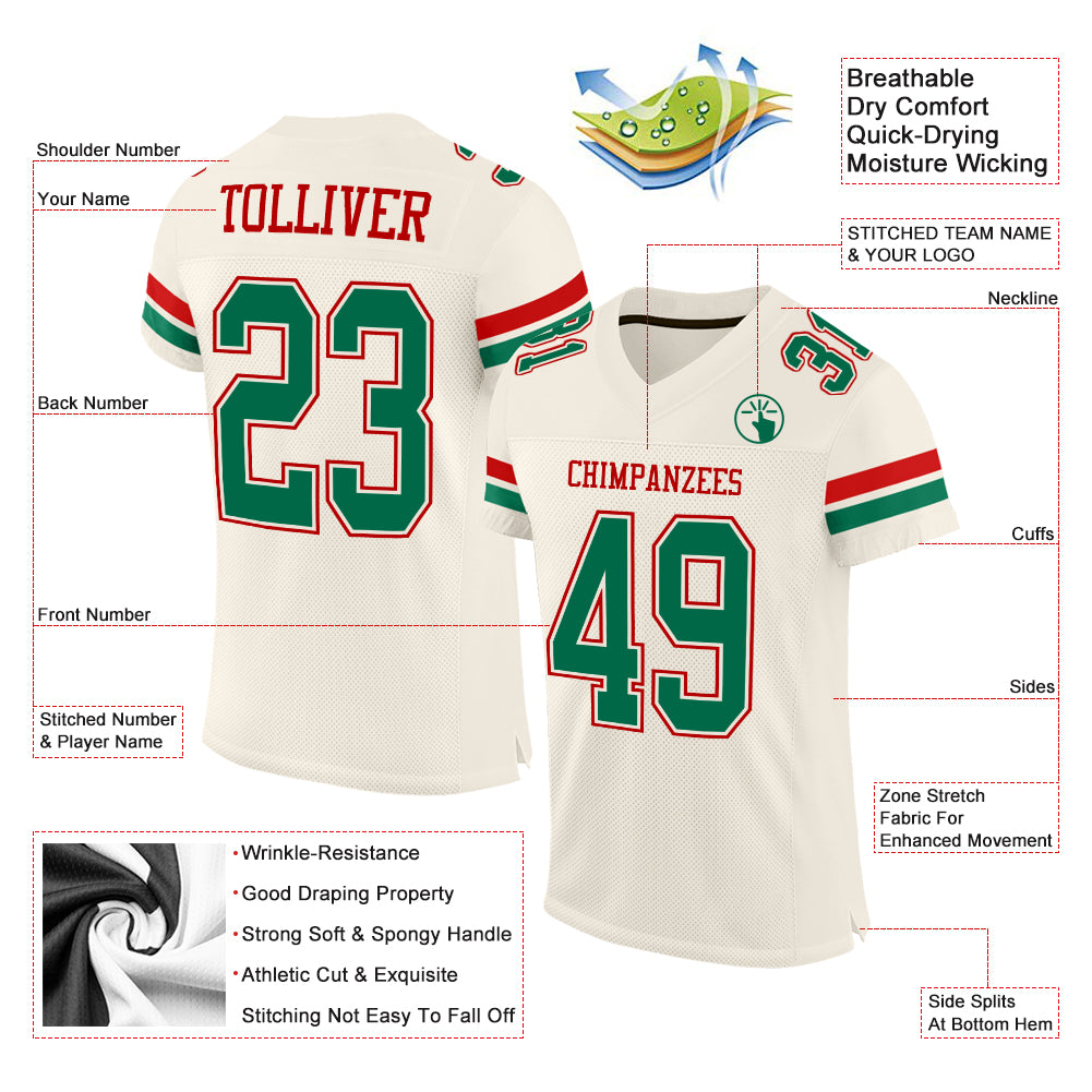 Custom Cream Kelly Green-Red Mesh Authentic Football Jersey - Sky-Custom
