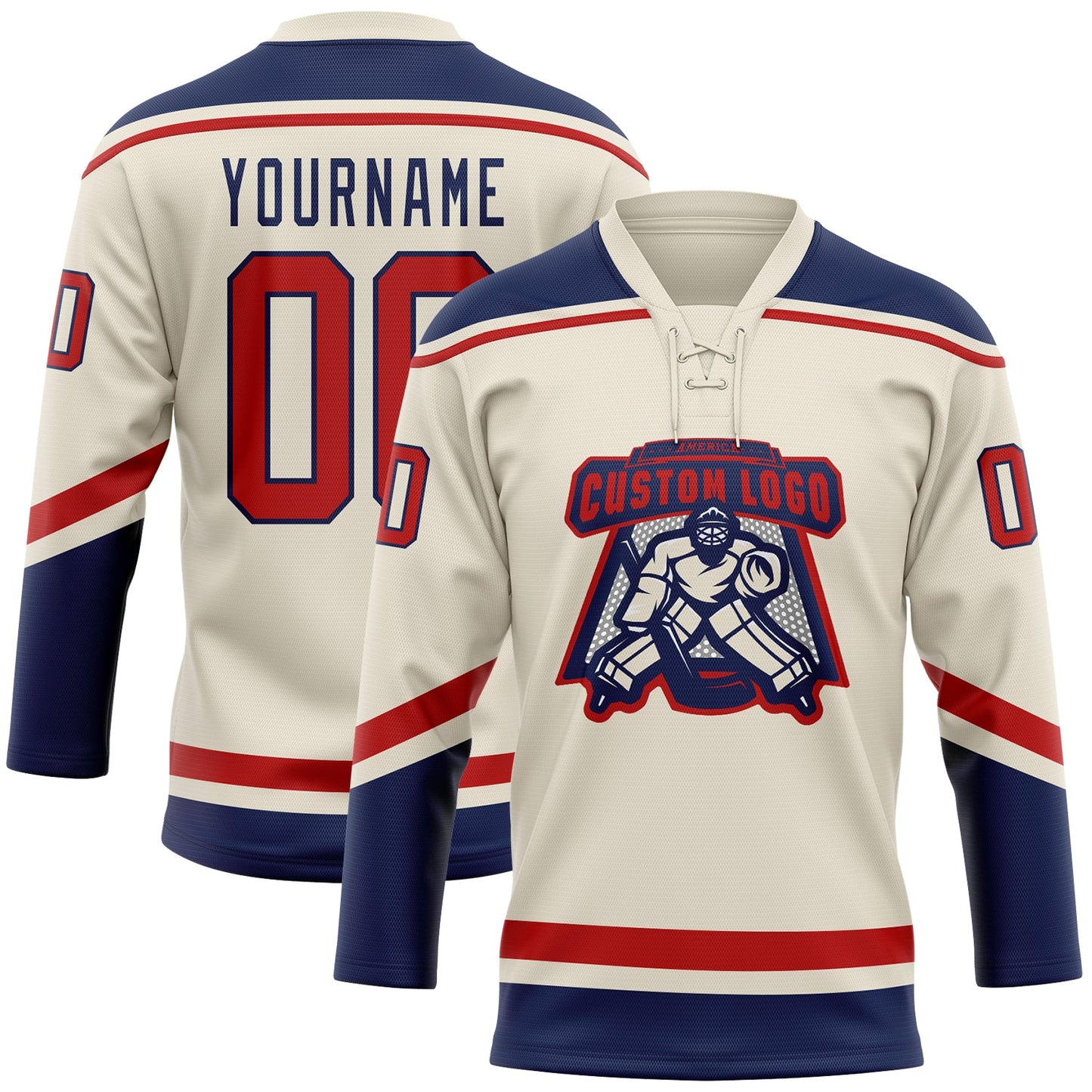 Custom Cream Red-Navy Hockey Lace Neck Jersey - Sky-Custom