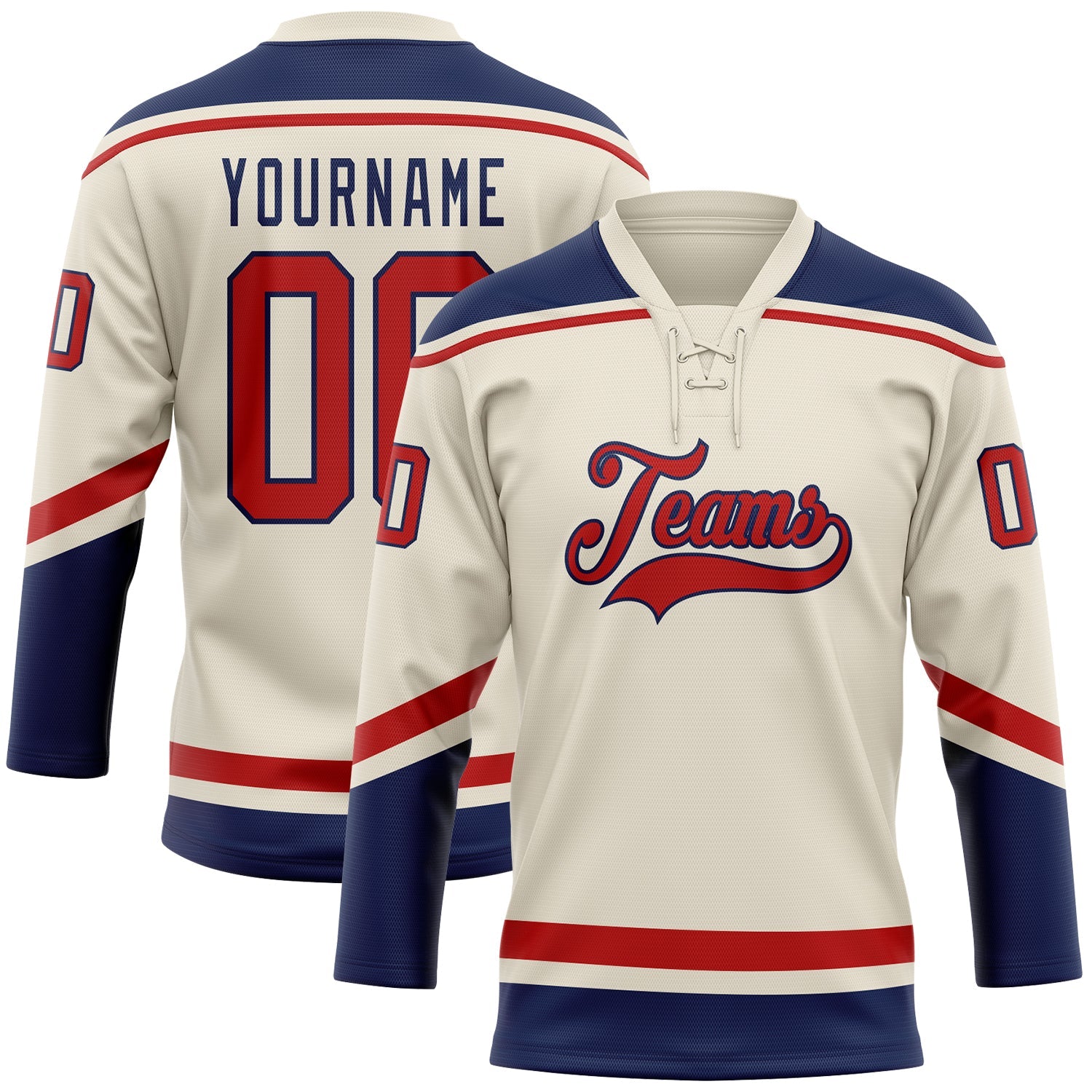 Custom Cream Red-Navy Hockey Lace Neck Jersey - Sky-Custom