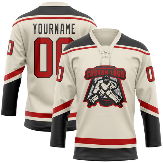 Custom Cream Red-Black Hockey Lace Neck Jersey - Sky-Custom