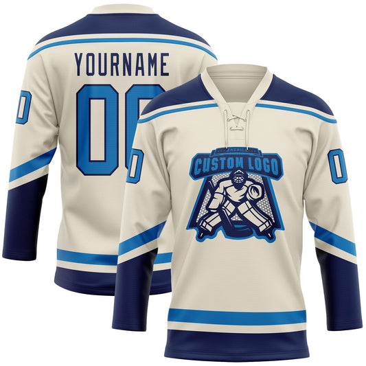 Custom Cream Blue-Navy Hockey Lace Neck Jersey - Sky-Custom