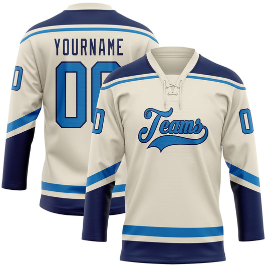 Custom Cream Blue-Navy Hockey Lace Neck Jersey - Sky-Custom