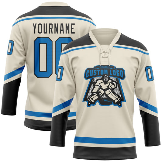 Custom Cream Blue-Black Hockey Lace Neck Jersey - Sky-Custom