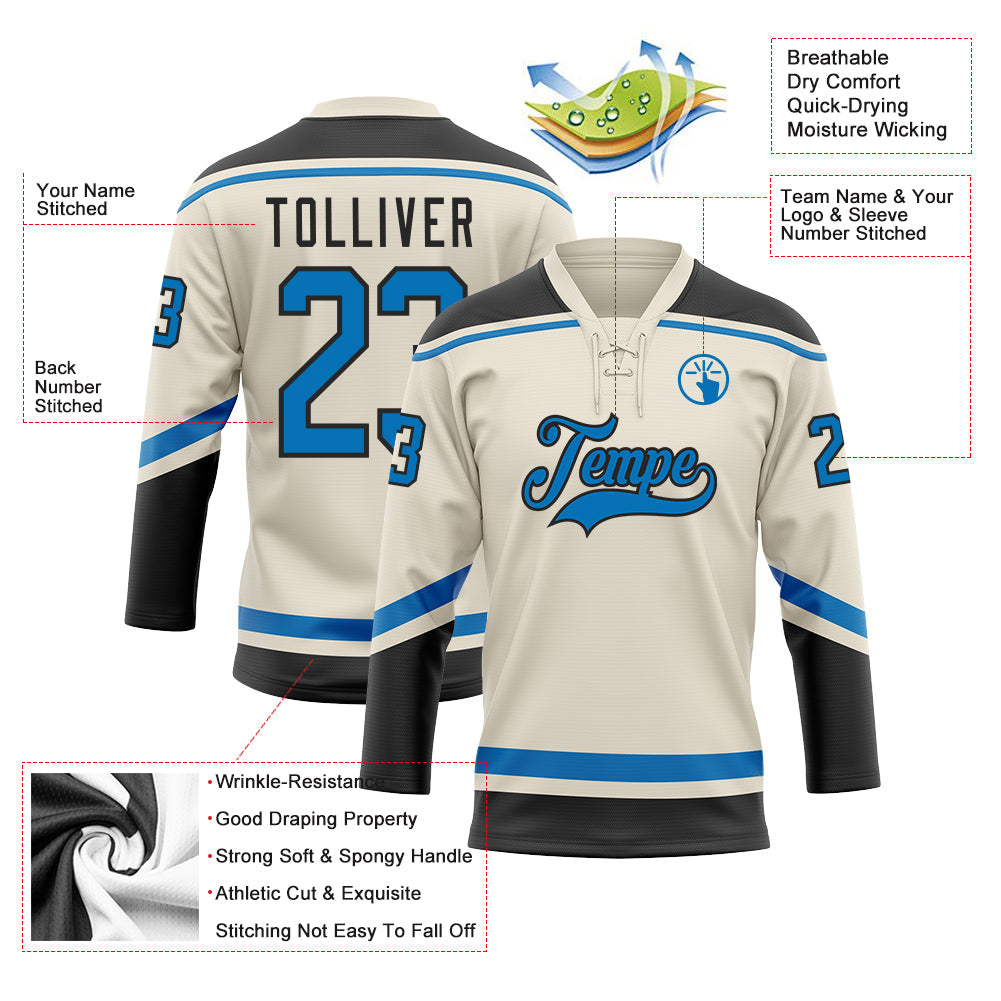 Custom Cream Blue-Black Hockey Lace Neck Jersey - Sky-Custom