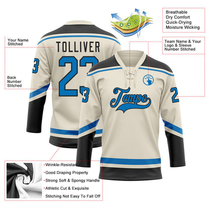 Custom Cream Blue-Black Hockey Lace Neck Jersey - Sky-Custom