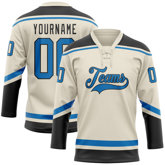 Custom Cream Blue-Black Hockey Lace Neck Jersey - Sky-Custom