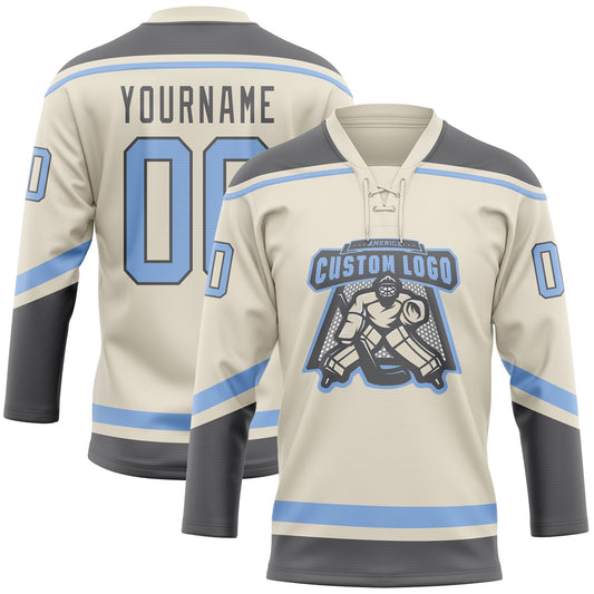 Custom Cream Light Blue-Steel Gray Hockey Lace Neck Jersey - Sky-Custom