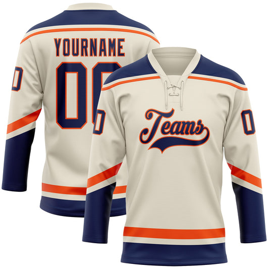 Custom Cream Navy-Orange Hockey Lace Neck Jersey - Sky-Custom