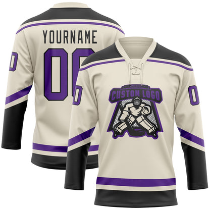Custom Cream Purple-Black Hockey Lace Neck Jersey - Sky-Custom