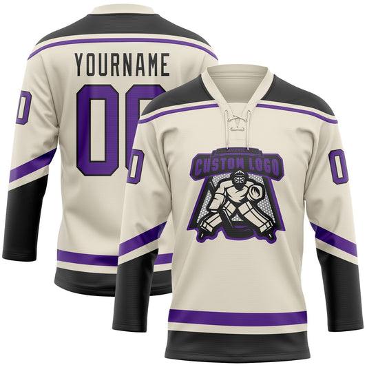 Custom Cream Purple-Black Hockey Lace Neck Jersey - Sky-Custom