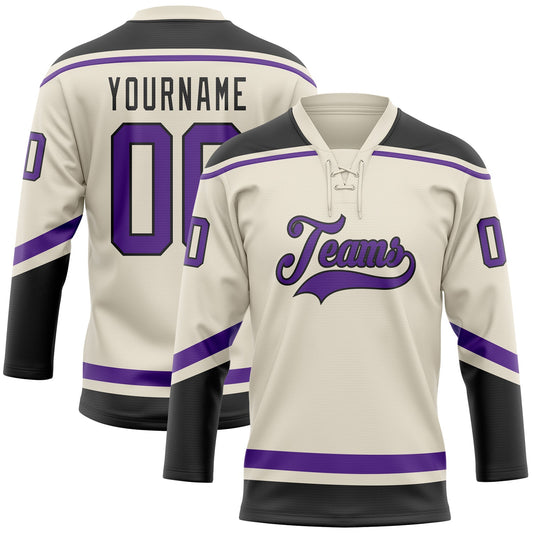 Custom Cream Purple-Black Hockey Lace Neck Jersey - Sky-Custom