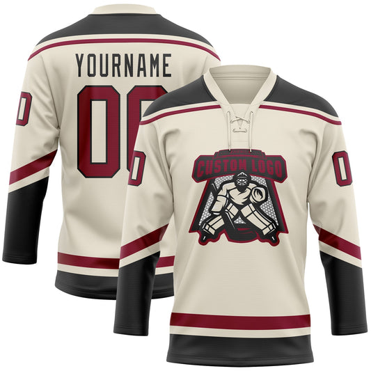 Custom Cream Maroon-Black Hockey Lace Neck Jersey - Sky-Custom