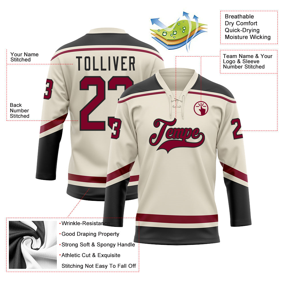 Custom Cream Maroon-Black Hockey Lace Neck Jersey - Sky-Custom