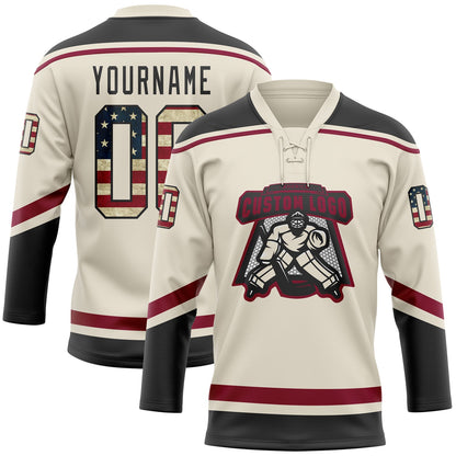 Custom Cream Vintage USA Flag Black-Maroon Hockey Lace Neck Jersey - Sky-Custom