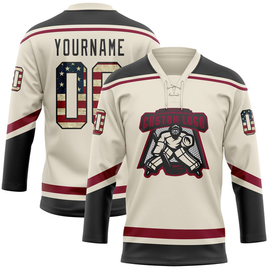 Custom Cream Vintage USA Flag Black-Maroon Hockey Lace Neck Jersey - Sky-Custom