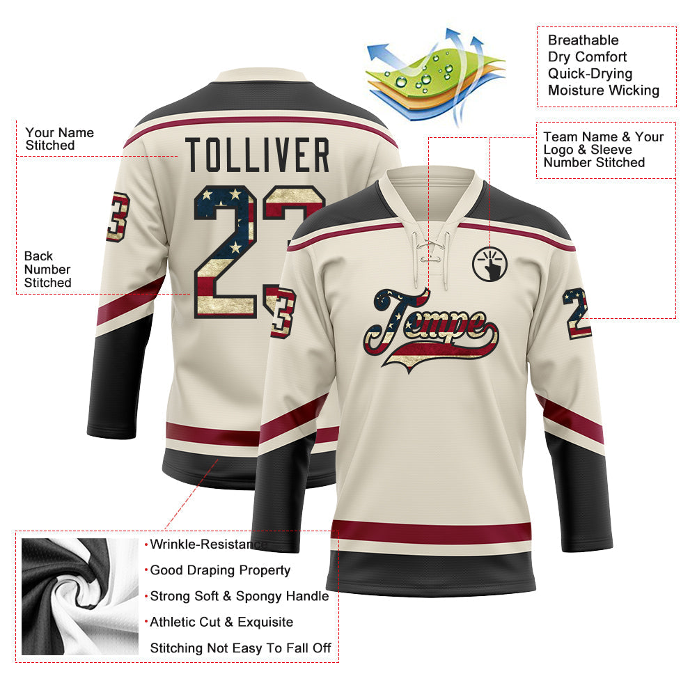 Custom Cream Vintage USA Flag Black-Maroon Hockey Lace Neck Jersey - Sky-Custom