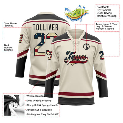Custom Cream Vintage USA Flag Black-Maroon Hockey Lace Neck Jersey - Sky-Custom