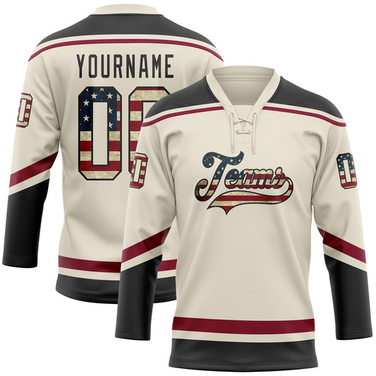 Custom Cream Vintage USA Flag Black-Maroon Hockey Lace Neck Jersey - Sky-Custom