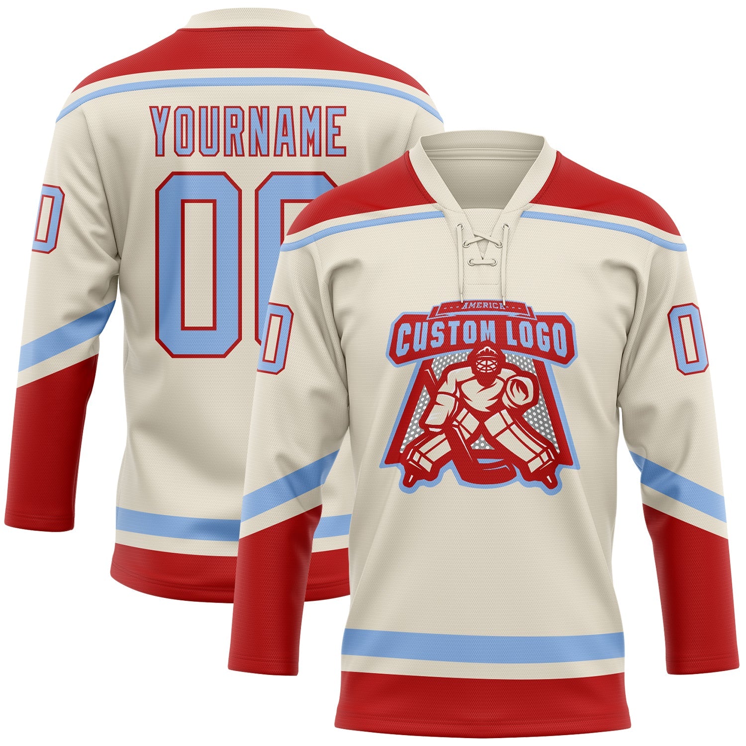 Custom Cream Light Blue-Red Hockey Lace Neck Jersey - Sky-Custom