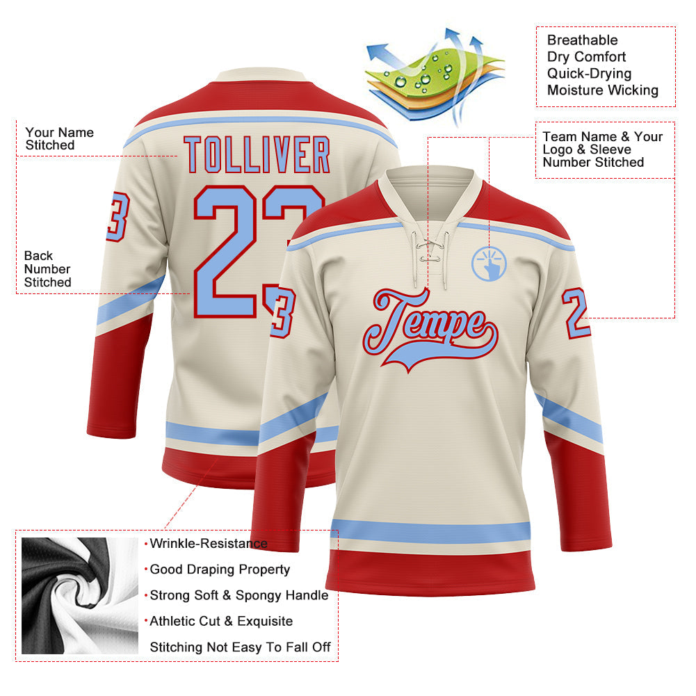 Custom Cream Light Blue-Red Hockey Lace Neck Jersey - Sky-Custom