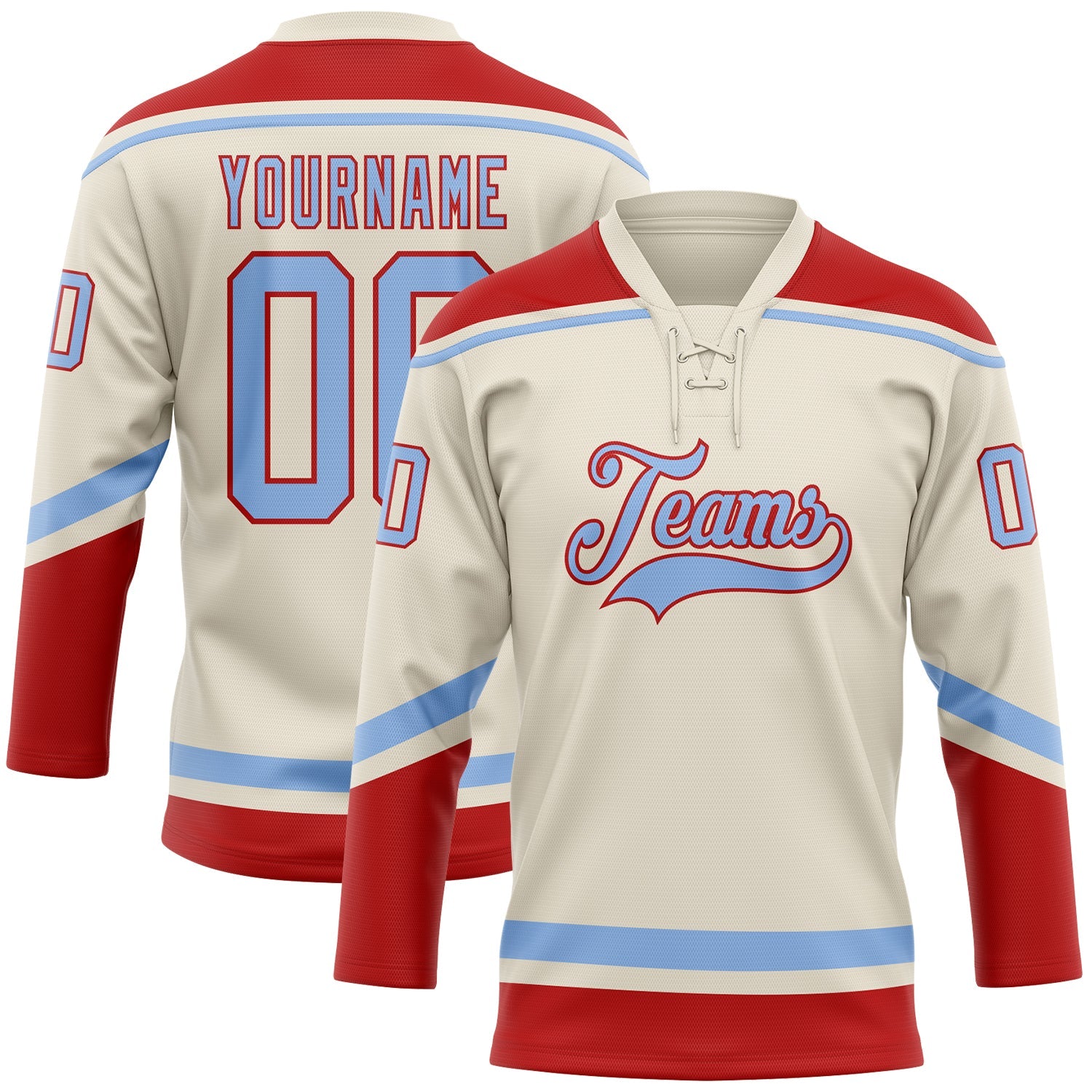 Custom Cream Light Blue-Red Hockey Lace Neck Jersey - Sky-Custom