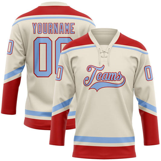 Custom Cream Light Blue-Red Hockey Lace Neck Jersey - Sky-Custom
