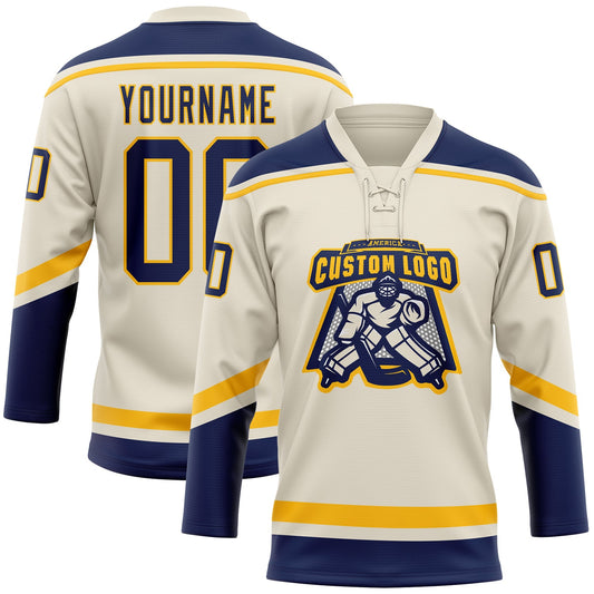 Custom Cream Navy-Gold Hockey Lace Neck Jersey - Sky-Custom