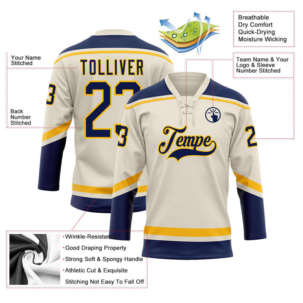 Custom Cream Navy-Gold Hockey Lace Neck Jersey - Sky-Custom