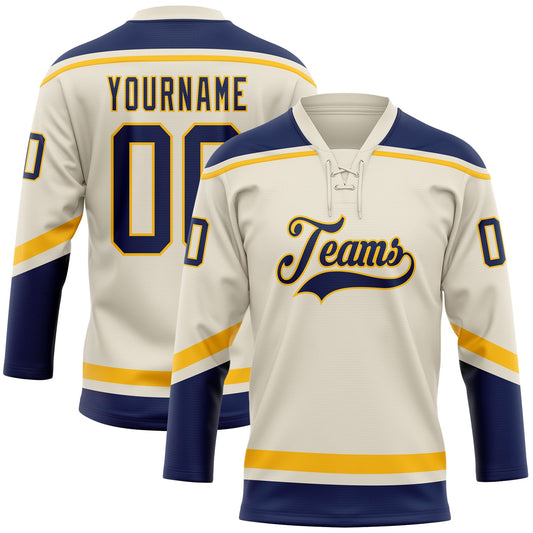 Custom Cream Navy-Gold Hockey Lace Neck Jersey - Sky-Custom