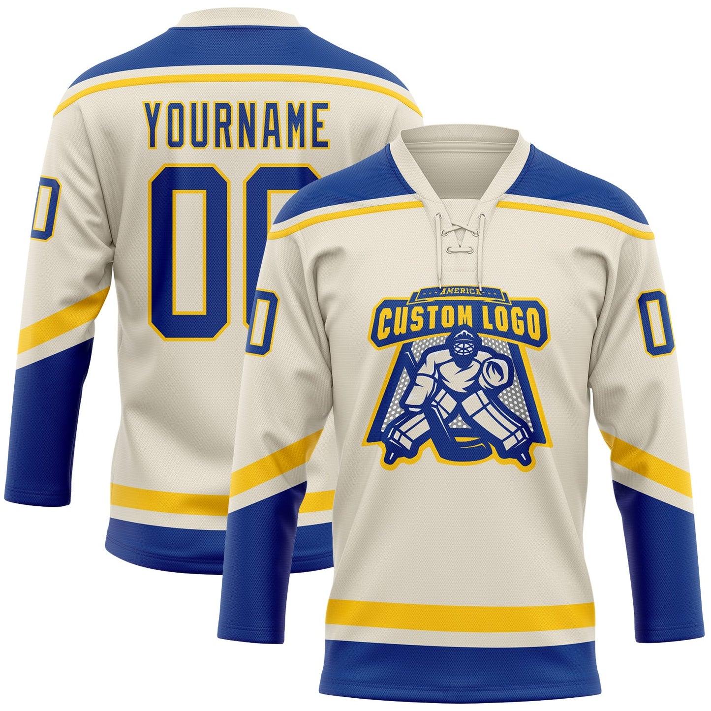 Custom Cream Royal-Yellow Hockey Lace Neck Jersey - Sky-Custom