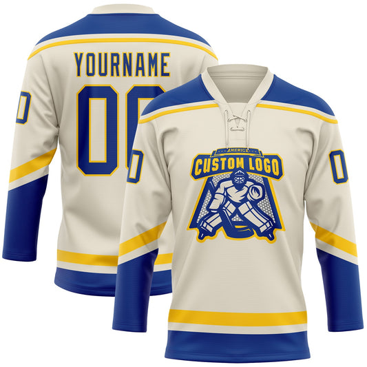 Custom Cream Royal-Yellow Hockey Lace Neck Jersey - Sky-Custom