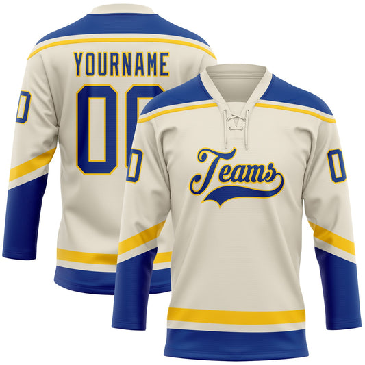 Custom Cream Royal-Yellow Hockey Lace Neck Jersey - Sky-Custom